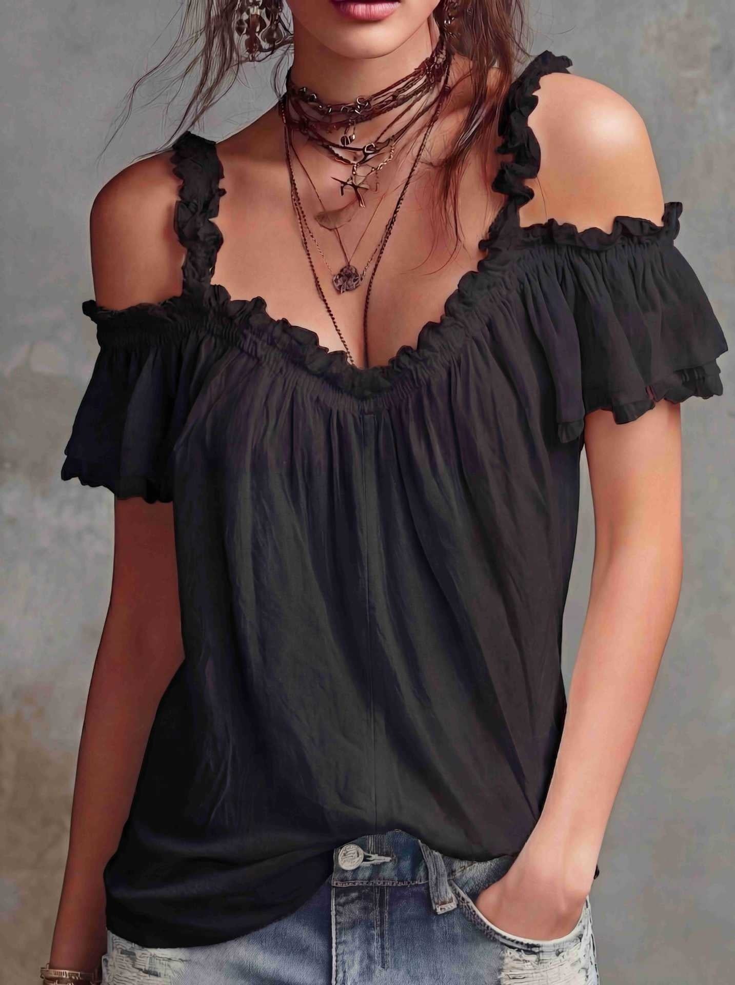 Summer Off-Shoulder Blouse Top Fashion Ruffled Strappy Short-Sleeved Shirt Y2K Sweet Women's Clothing NorixaFashion.com