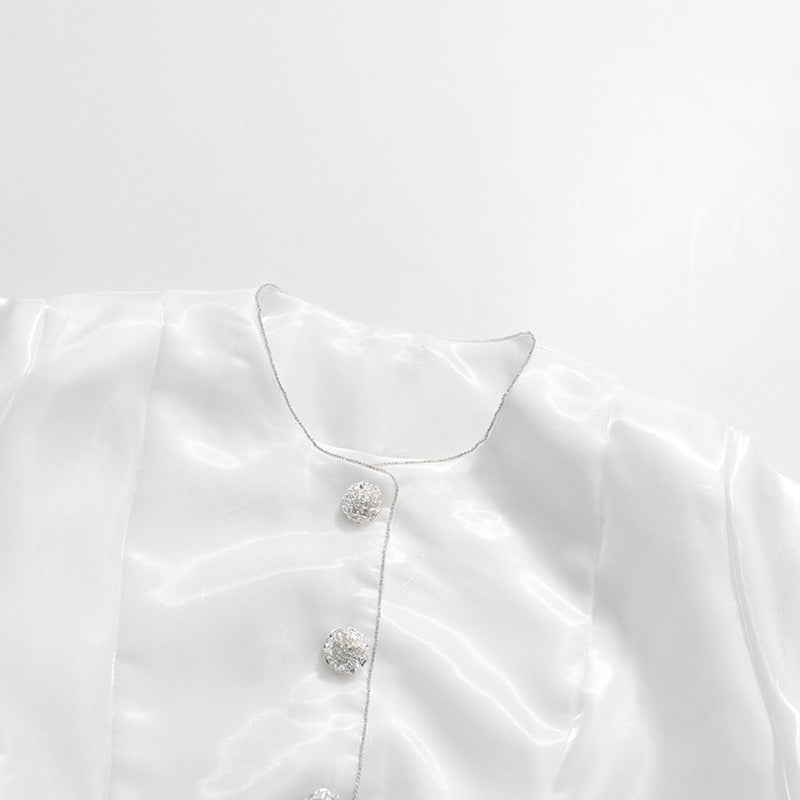 Round Neck Solid Color Single-breasted Lantern Sleeve Shirt NorixaFashion.com
