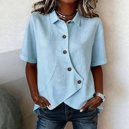 Summer Asymmetrical Shirt Solid-color Loose-fitting Lepal Tops Women's Clothing NorixaFashion.com