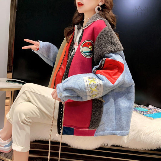 Women's Winter Loose Plus Size Lamb Wool Stitching Denim Coat Best YouTube Store
