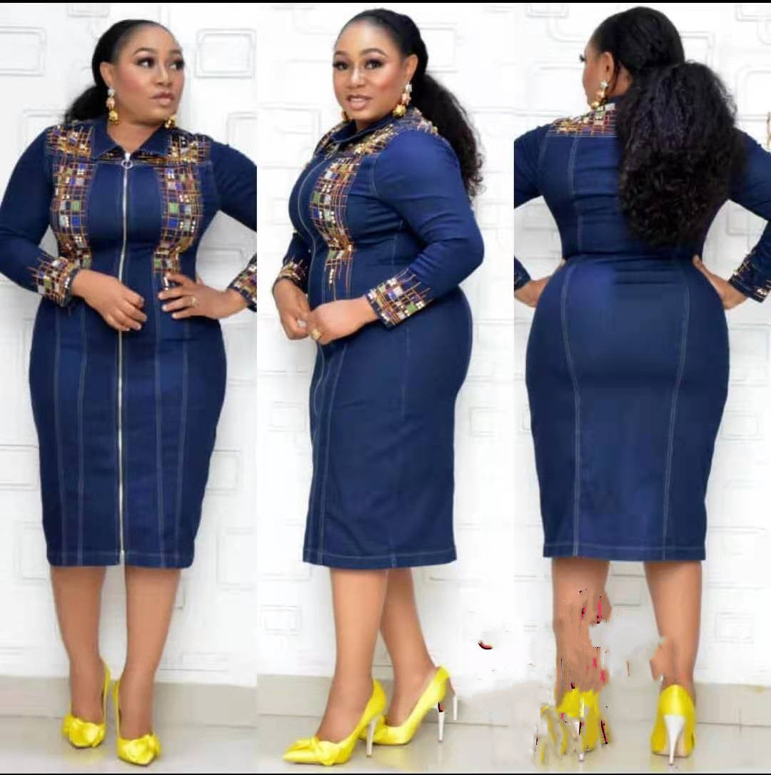 Washed Denim Print African Dress Women NorixaFashion.com