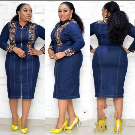 Washed Denim Print African Dress Women NorixaFashion.com
