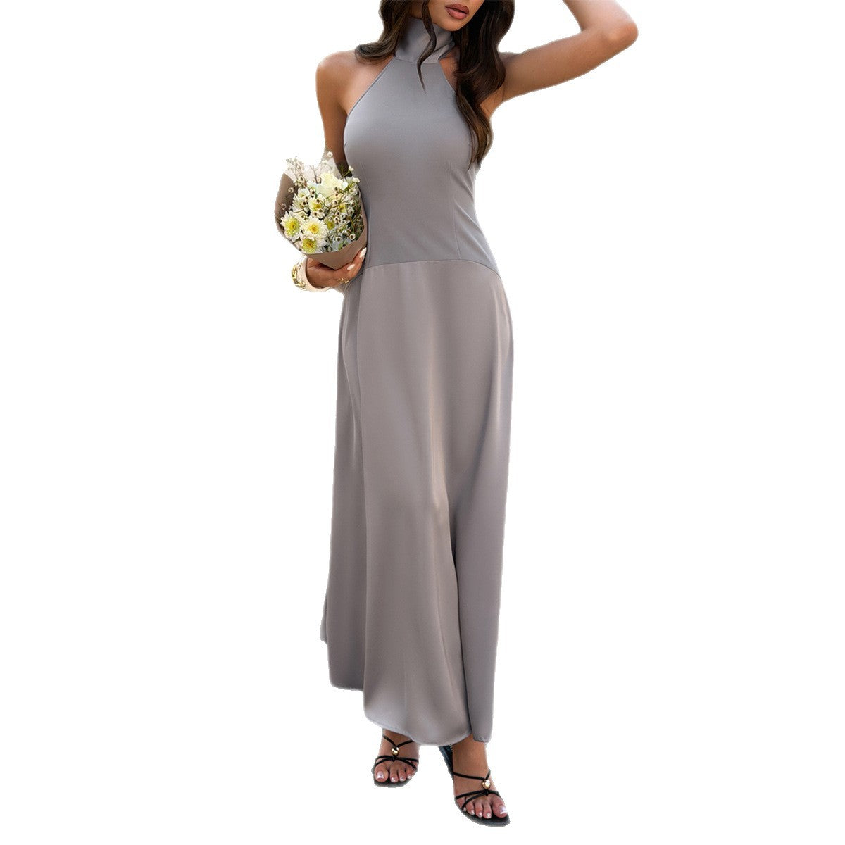 Summer Gray Satin Dress For Women NorixaFashion.com