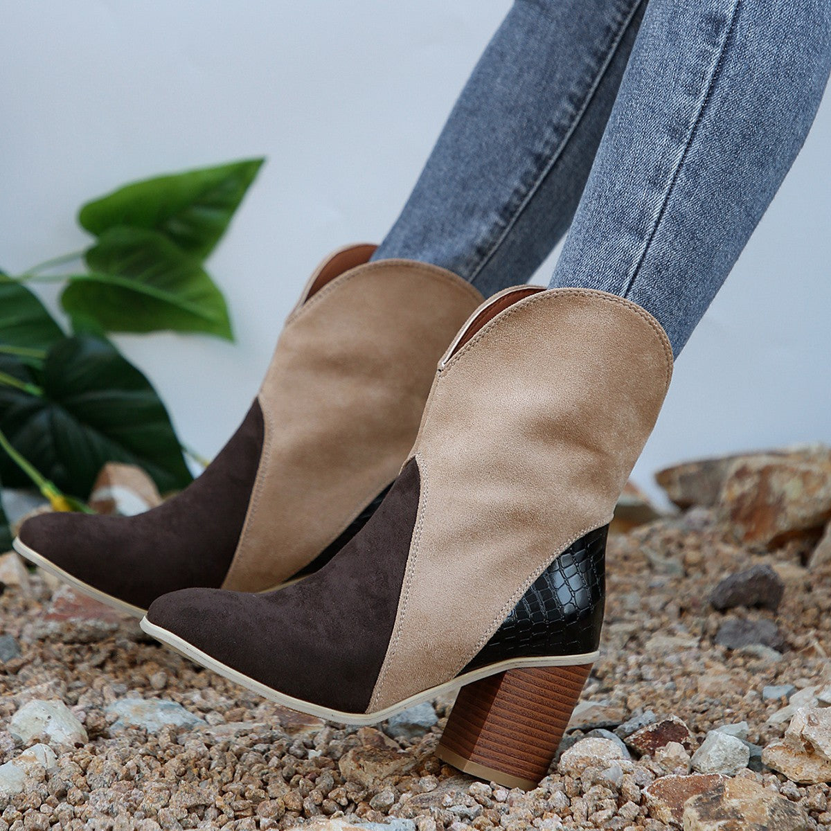 Fashion Splicing Suede Boots Retro Pointed-toe Square High Heel Mid-calf Boots For Women Fall And Winter Shoes LadyShow.Store