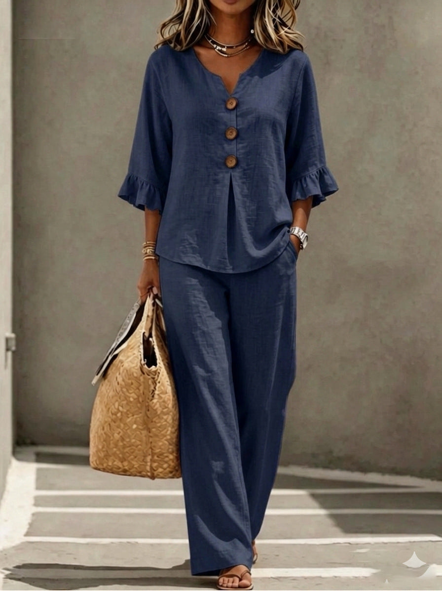 Womens V-neck Ruffle Three-Quarter Sleeve Top And Pants Two-Piece Set NorixaFashion.com