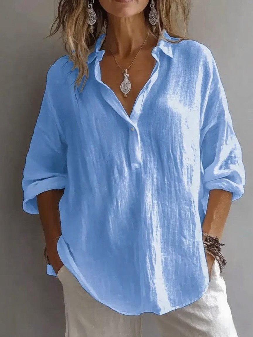 Fashion Long-sleeved Lapel Pullover Shirt Casual Loose Solid Color T-shirt Tops Women's Clothing NorixaFashion.com