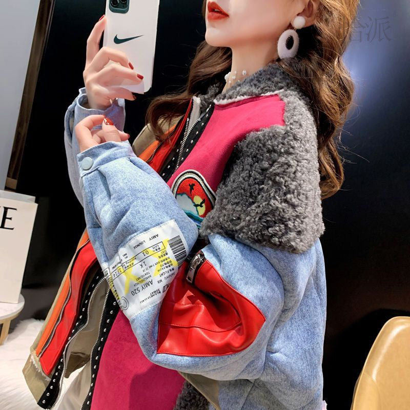 Women's Winter Loose Plus Size Lamb Wool Stitching Denim Coat Best YouTube Store
