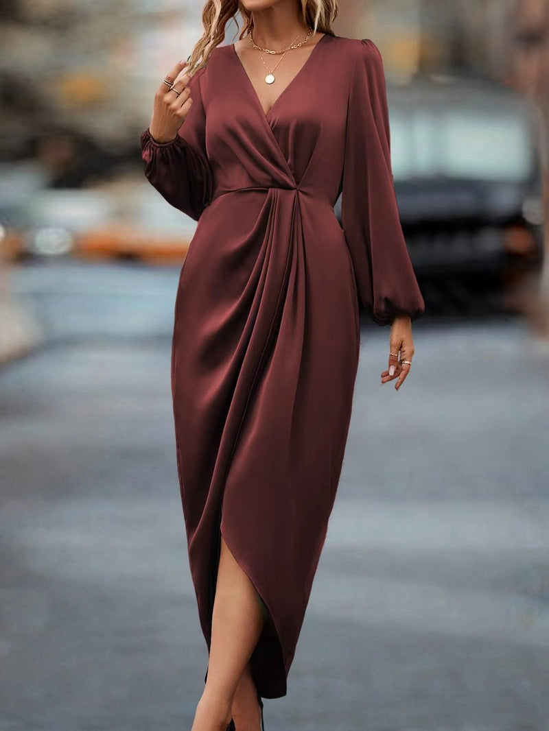 Temperament Pure Color Waist-tight Split V-neck Dress Women LadyShow.Store
