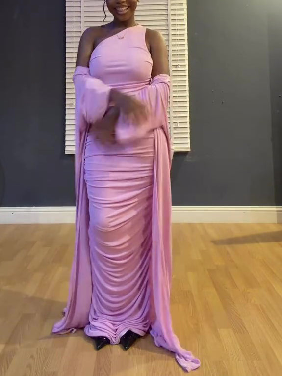 Draped Ruched One Shoulder Maxi Dress & Matching Shawl 2-Piece Set NorixaFashion.com