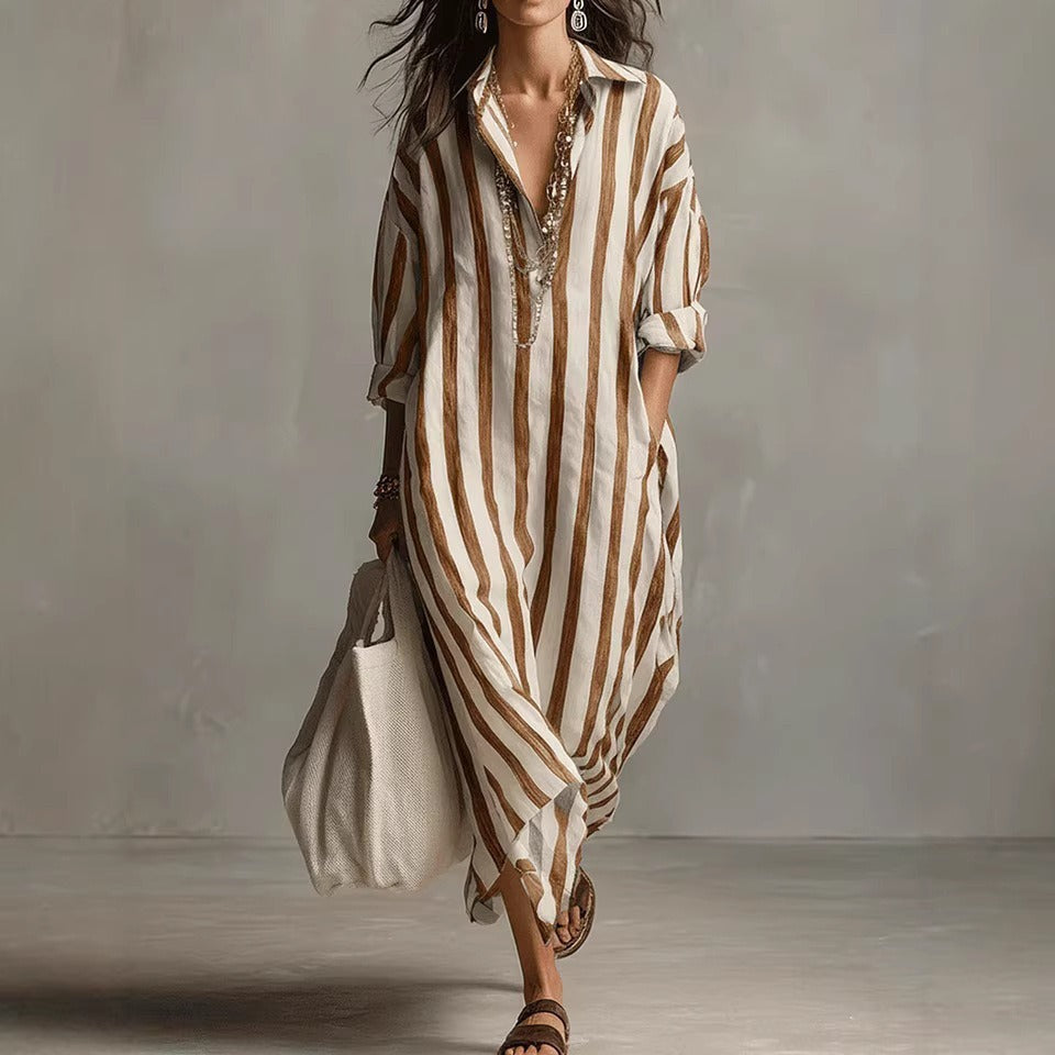 2026 Summer New Arrival, Women's Elegant Long Striped Dress With V-Neck NorixaFashion.com
