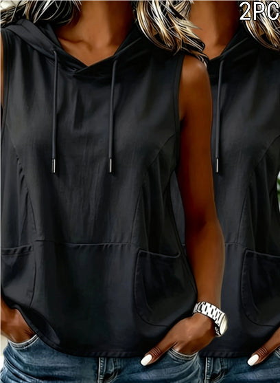 Fashionable Casual Solid-color Hooded Sleeveless Top T-shirt Vest NorixaFashion.com