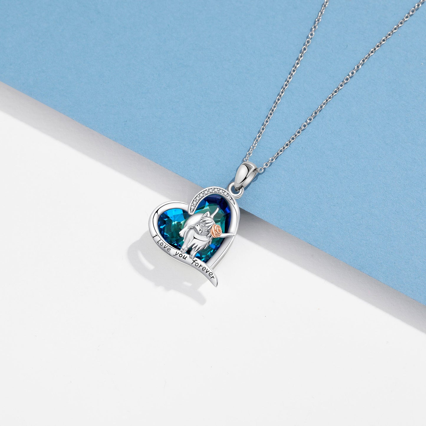 925 Sterling Silver Highland Cow Blue Crystal Heart Cow Pendant Necklace LadyShow.Store
