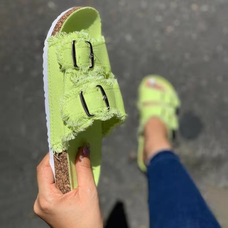 Casual Solid Canvas Buckle Denim Flat Slippers LadyShow.Store