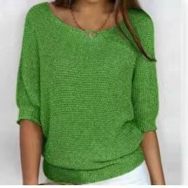 Three-quarter Sleeve Pullover Sweater Fashion Solid Color Loose Round Neck Knitted Top For Women Clothing NorixaFashion.com