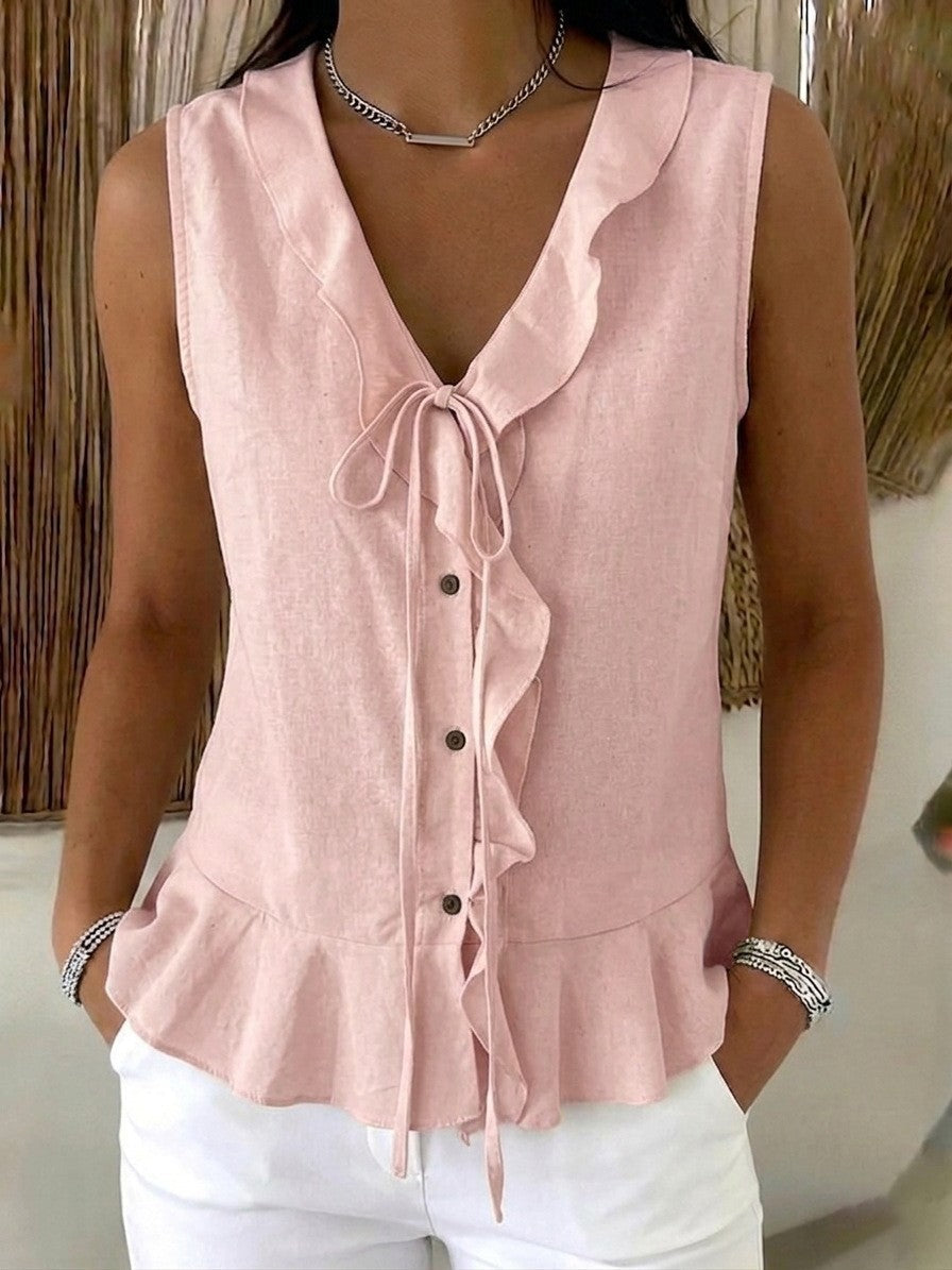 Women's Casual V-Neck Ruffle Trim Sleeveless Top NorixaFashion.com
