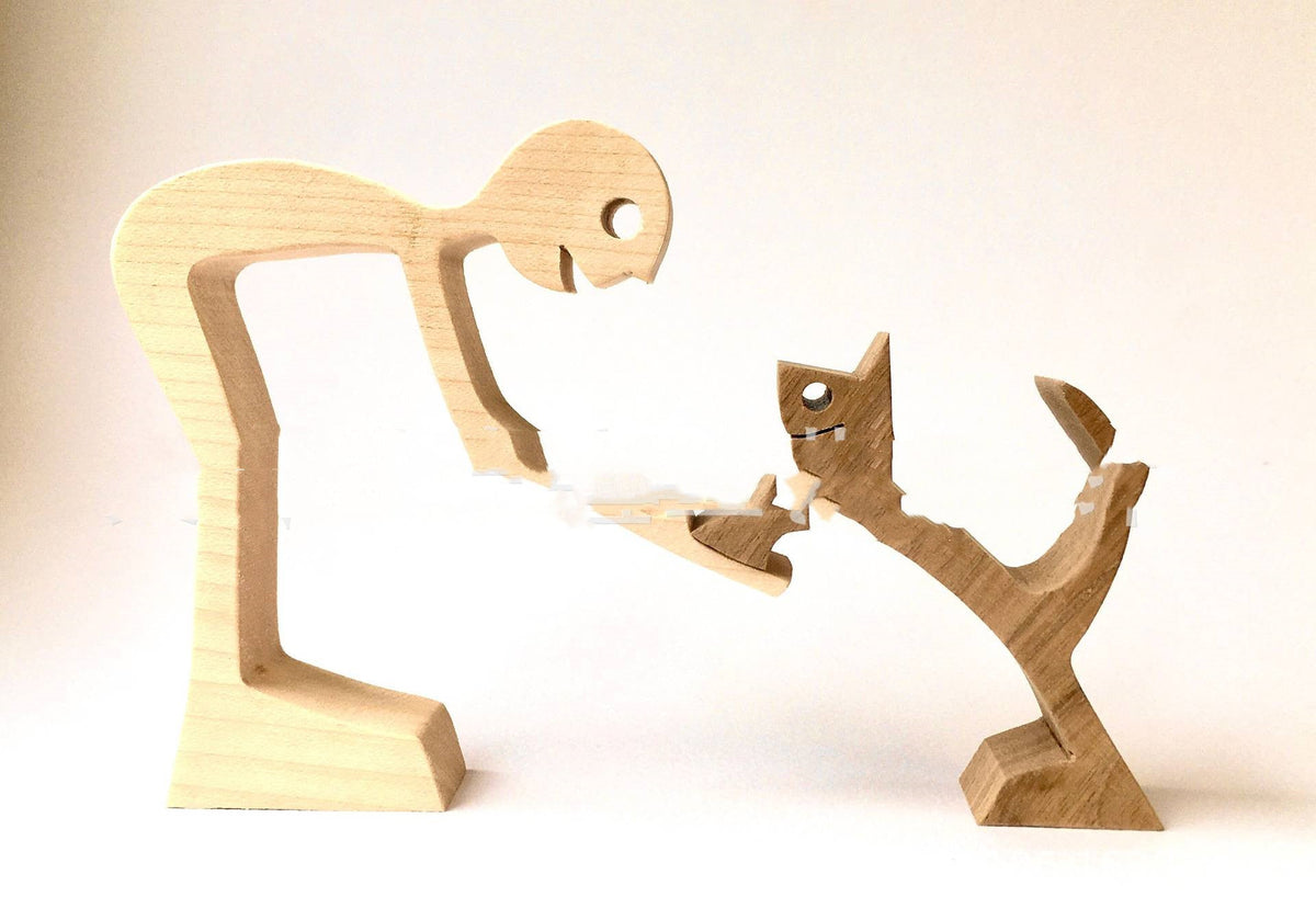 DIY Figurine Wood Dog Ornament Sculpture Home Decoration A Man A Dog Wood Sculpture Christmas Gifts Model Decor PearlNestDecor.com
