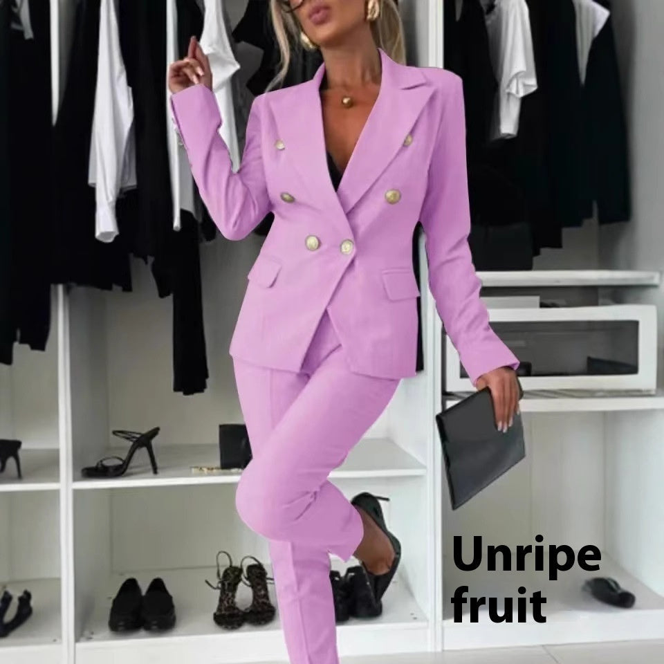 Casual Blazer Suit Slim Lapel Double-breasted Jacket And Zip-up Trousers Women's Clothing NorixaFashion.com