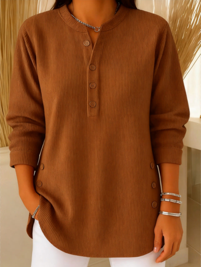 V-neck Buttons Sweater Fashion Casual Solid Color Long-sleeved Tops Women's Blouse T-shirt Clothing NorixaFashion.com