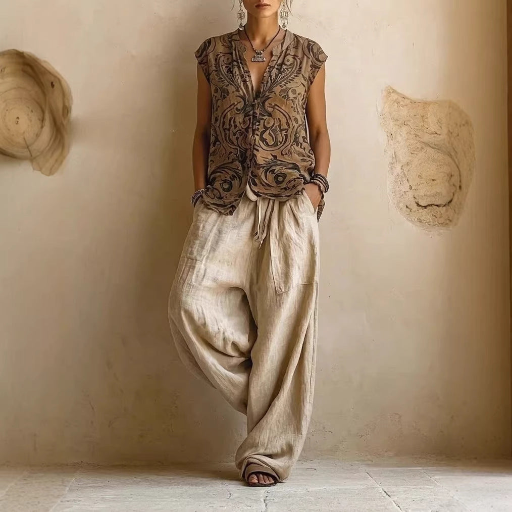 Womens Simple Loose-Fit Printed Shirt And Wide-Leg Pants 3-Piece Set NorixaFashion.com