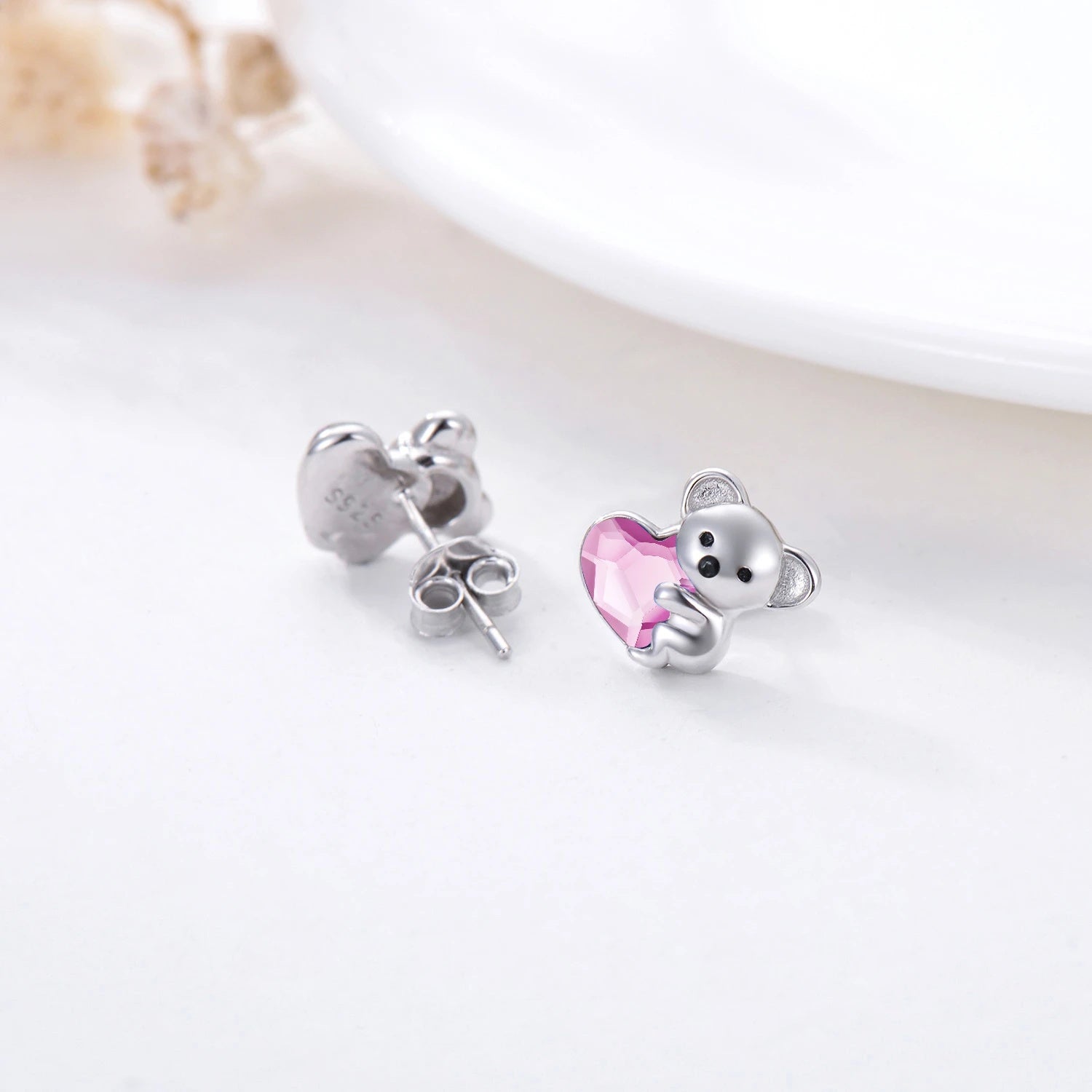 925 Sterling Silver Koala Bear Cute Animal Hypoallergenic Heart Crystal Earrings Jewellery LadyShow.Store