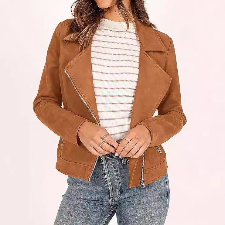 Fashion Deerskin Velvet Motorcycle Jacket Zipper Pocket Short Coat LadyShow.Store