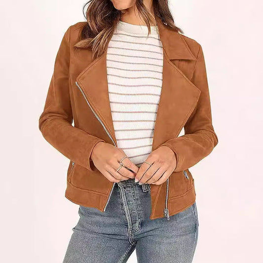 Fashion Deerskin Velvet Motorcycle Jacket Zipper Pocket Short Coat LadyShow.Store