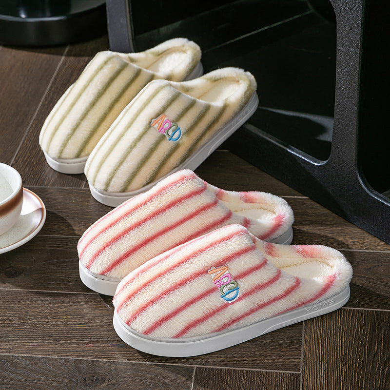 Ins Plush Striped Slippers Winter Warm Letter Embroidered Shoes Fashion Floor Bedroom Home Slipper For Women Men Couples CJD