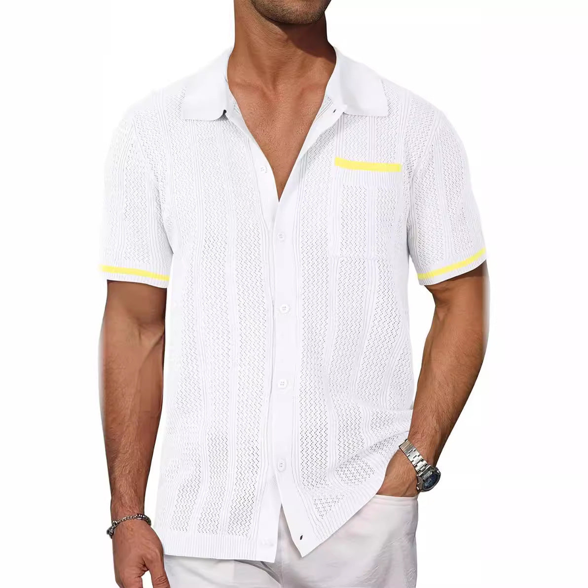 Short-sleeved Shirt Pocket Hollow Breathable Cool Summer Men's Casual Jacket Cardigan NorixaFashion.com