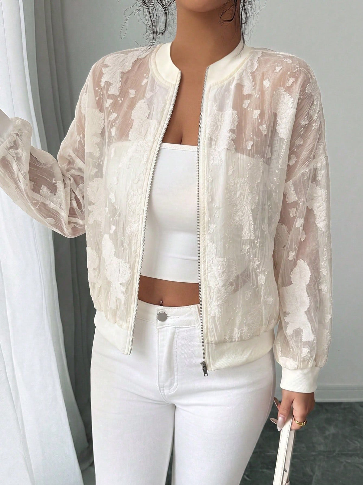European And American Cross-border 2026 Autumn New Jacquard Jacket Semi-transparent Loose Zipper Rib Collar Cuff Jacket NorixaFashion.com