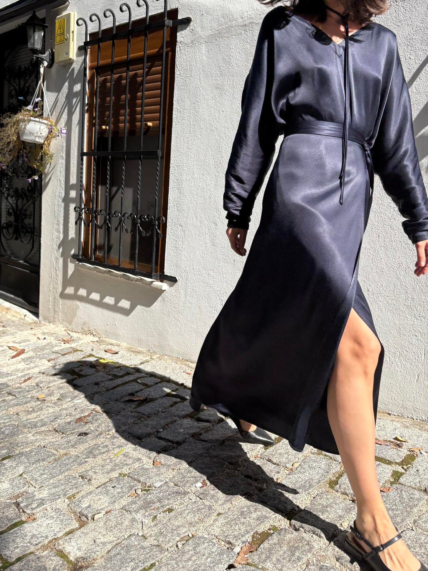 Navy Blue Satin Tie-Waist Slit Long Sleeve Maxi Dress NorixaFashion.com