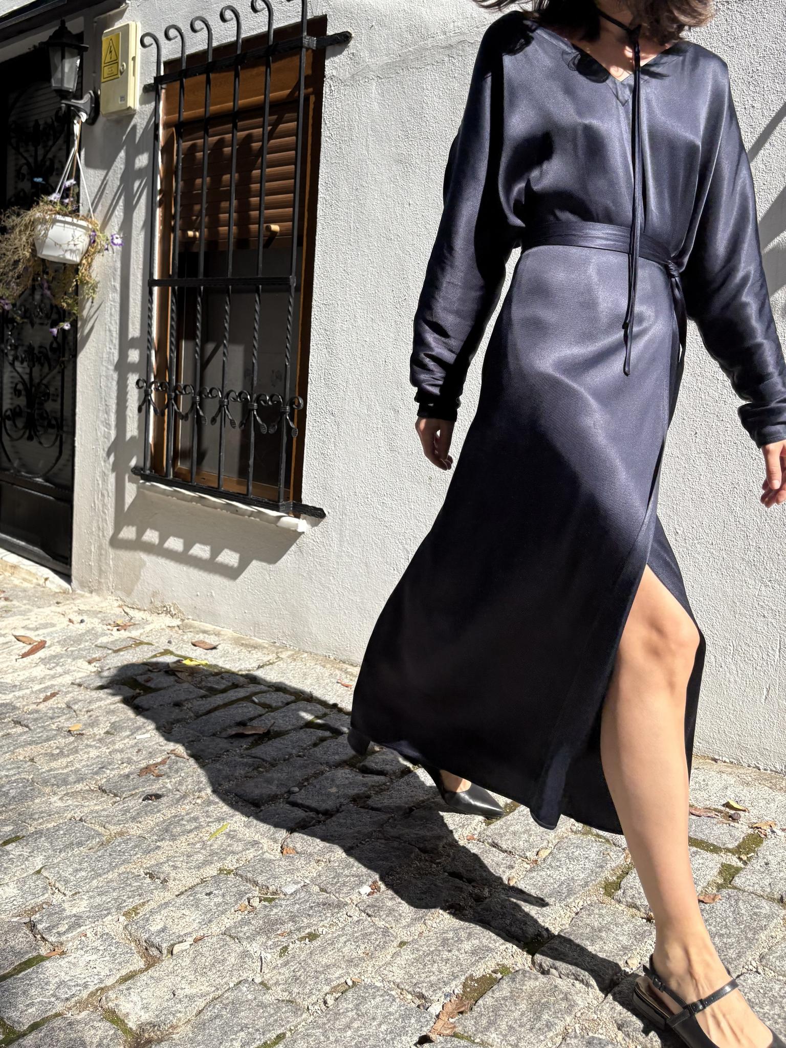 Navy Blue Satin Tie-Waist Slit Long Sleeve Maxi Dress NorixaFashion.com
