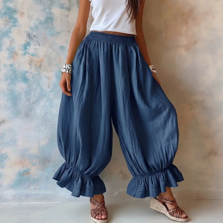 Loose Casual Cotton-linen Flared Pants With Ruffled Hems For Women NorixaFashion.com