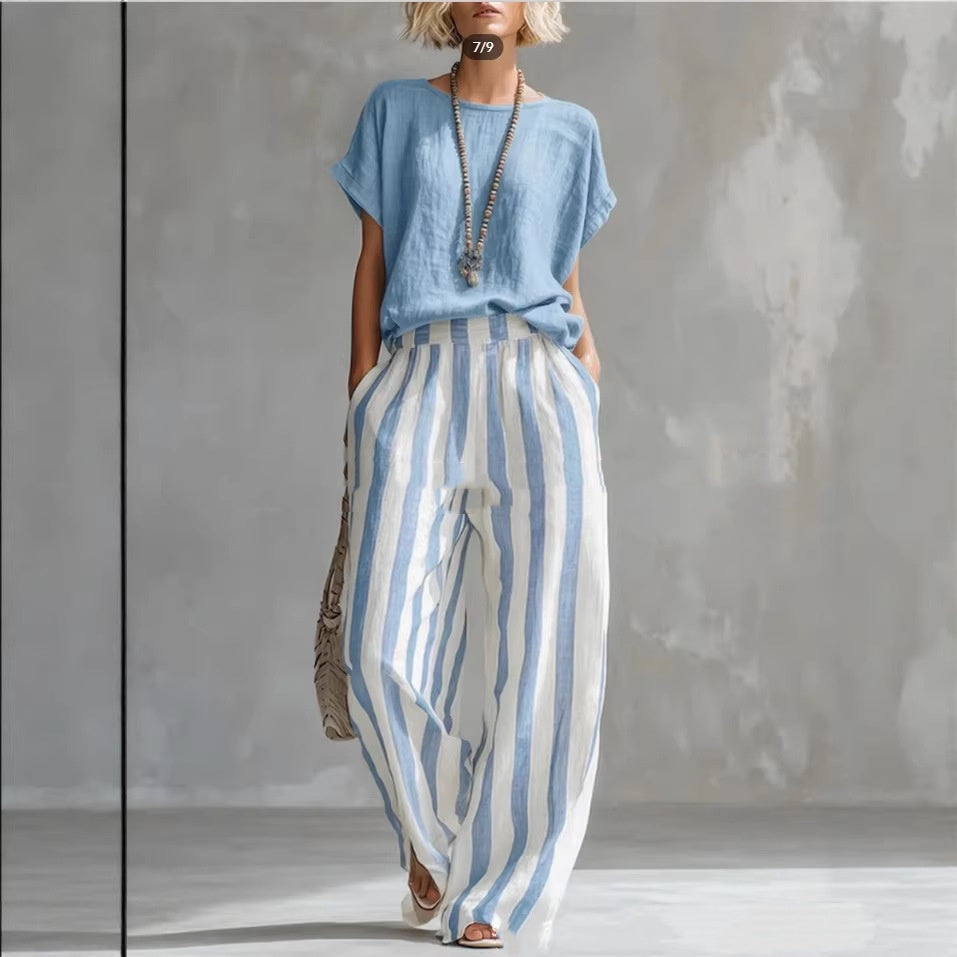 Short-sleeved Trousers Suit Summer Fashion Round Neck Pullover T-Shirt And Striped Print Straight Leg Pants Two-Piece Clothing For Women Best YouTube Store