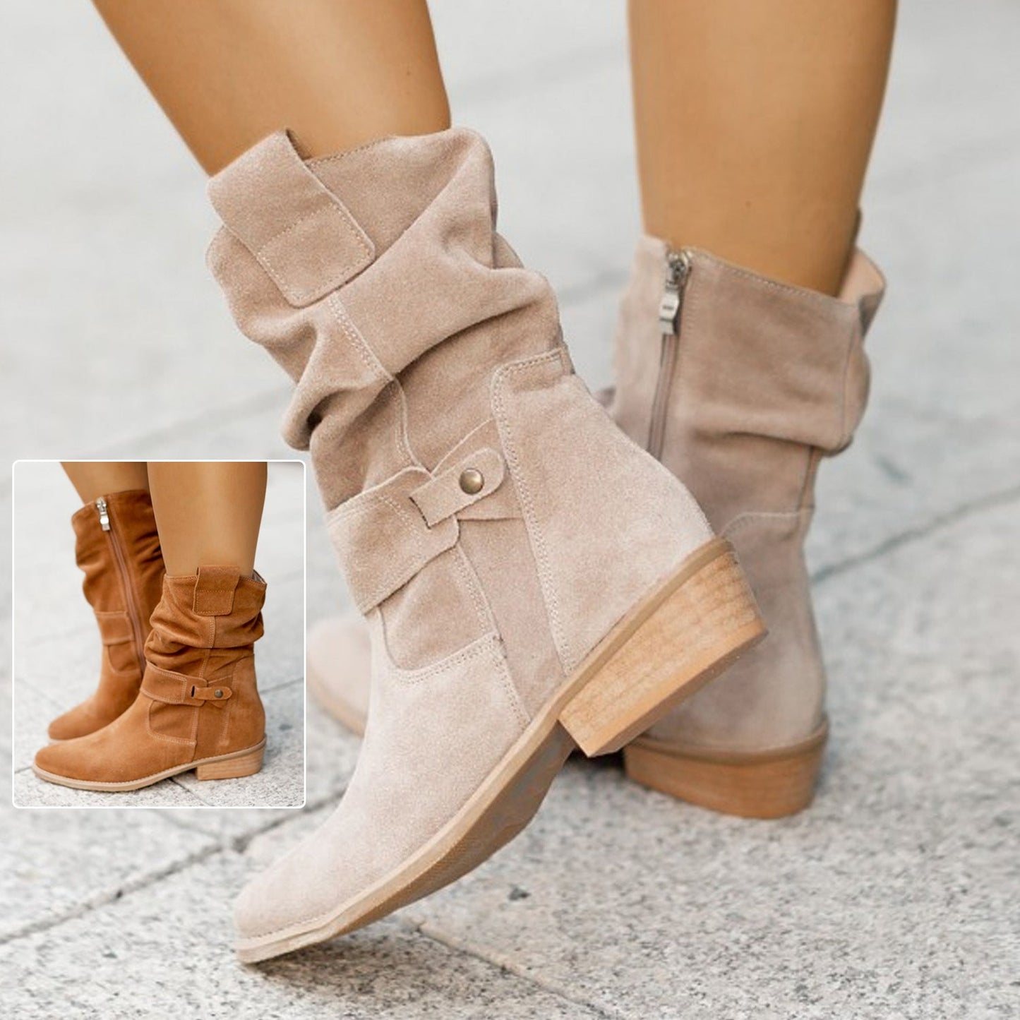 Ins Pointed Toe Mid-calf Boots Fashion Suede Zipper Western Boot Winter Shoes For Women LadyShow.Store