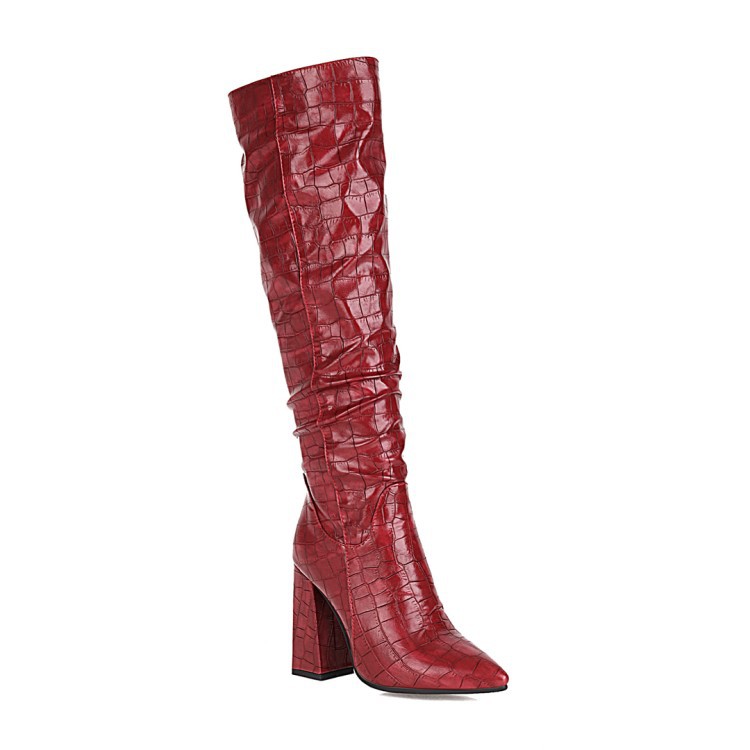 Block-heeled High-heeled High Boots With Embossed Leather Pointed Toe LadyShow.Store