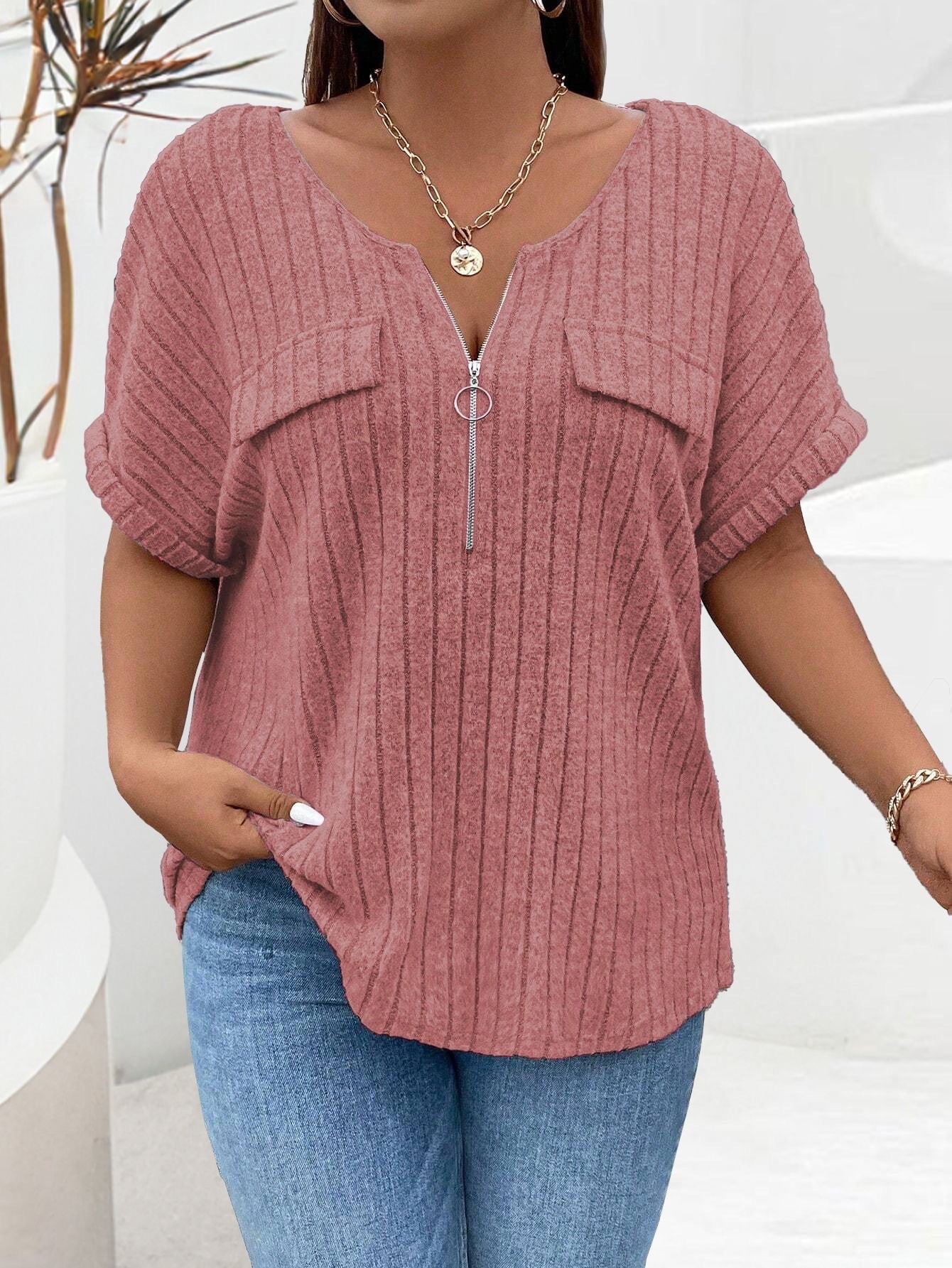 Solid-color Plus-size Top With Zipper Short Sleeves And Faux Pockets NorixaFashion.com