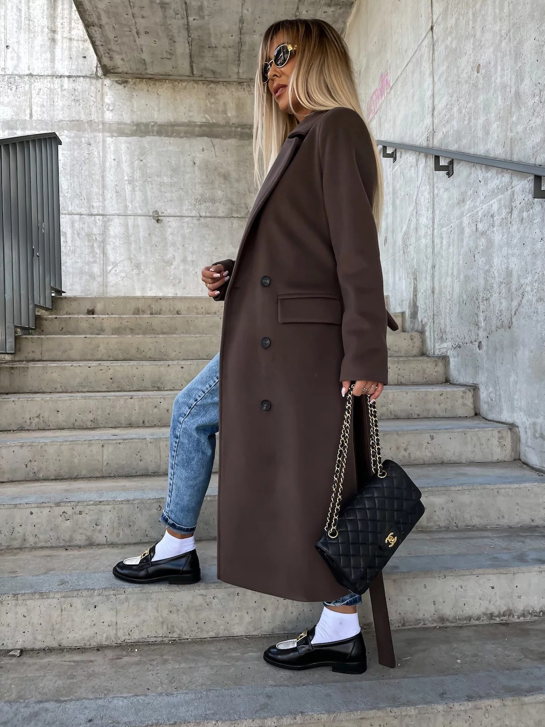 Double-breasted Lapel Split Jacket With Belt Winter Fashion Casual Long Sleeve Button Daily Coats For Women Clothing LadyShow.Store