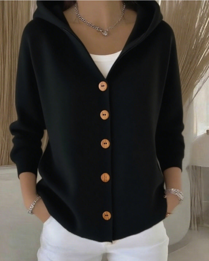 Ins Button Hooded Sweater Fashion Autumn And Winter Knitted Cardigan Casual Commuter Long Sleeve Top Women's Clothing NorixaFashion.com