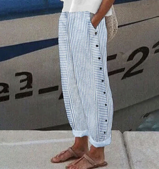 Women's Striped Casual Trousers Lightweight  Blend Stretch Pants NorixaFashion.com