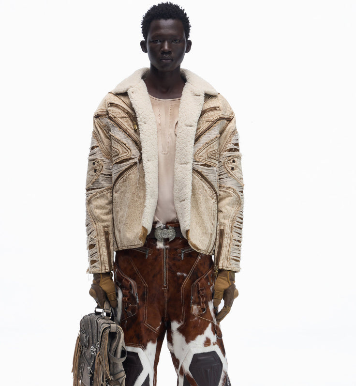 Ravaged And Distressed Apricot Lambswool Denim Jacket LuxuryLifeWay Online Store