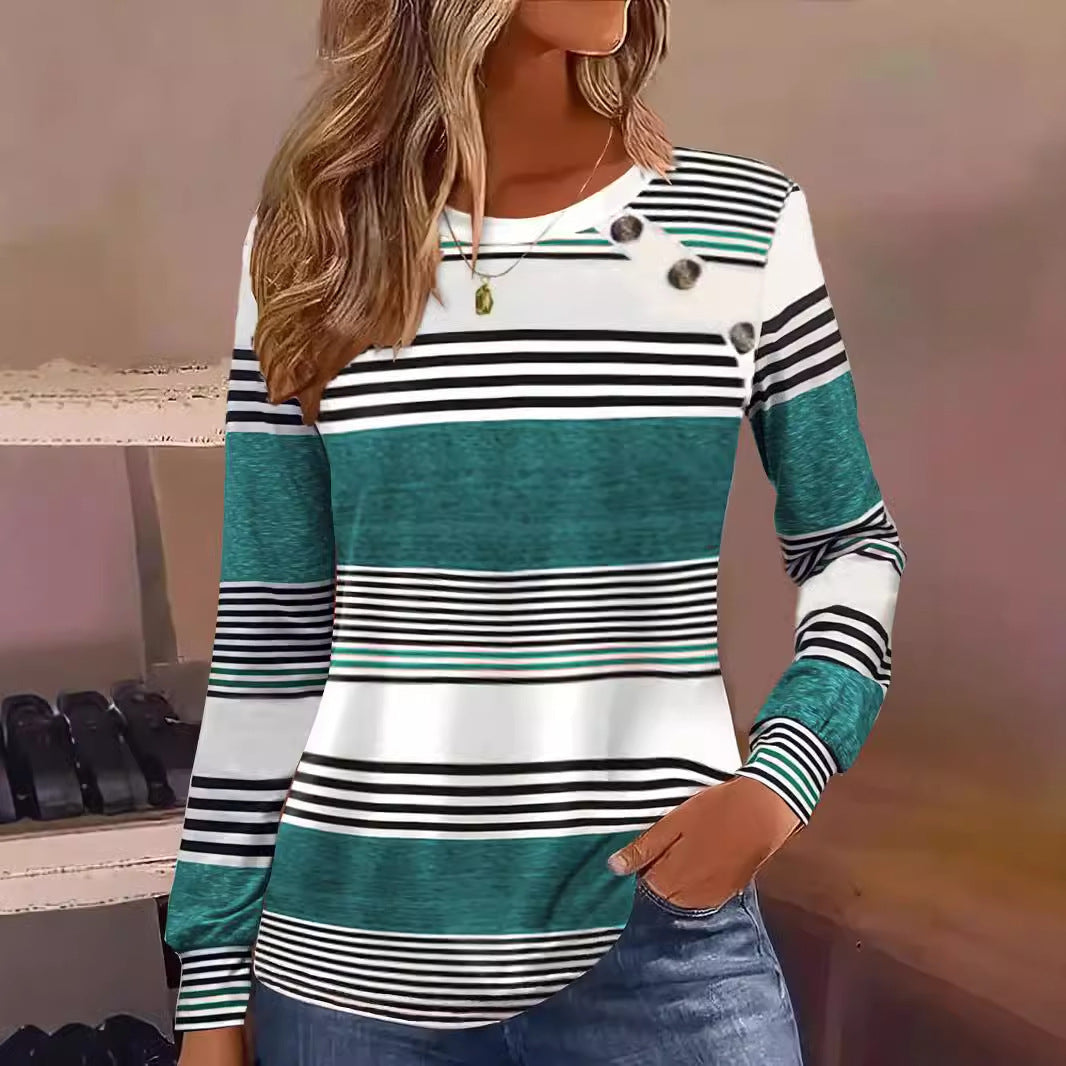 Casual Button Striped Long Sleeve Women's T-shirt Best YouTube Store