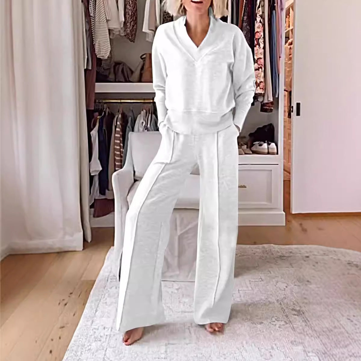 V-neck Long Sleeve Loose Top Wide Leg Pants Two-piece Set NorixaFashion.com