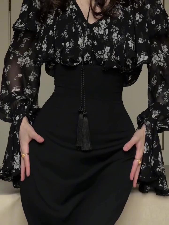 Black Floral Chiffon Overlay & Bodycon Midi Skirt 2-Piece Set With Tassel Belt NorixaFashion.com
