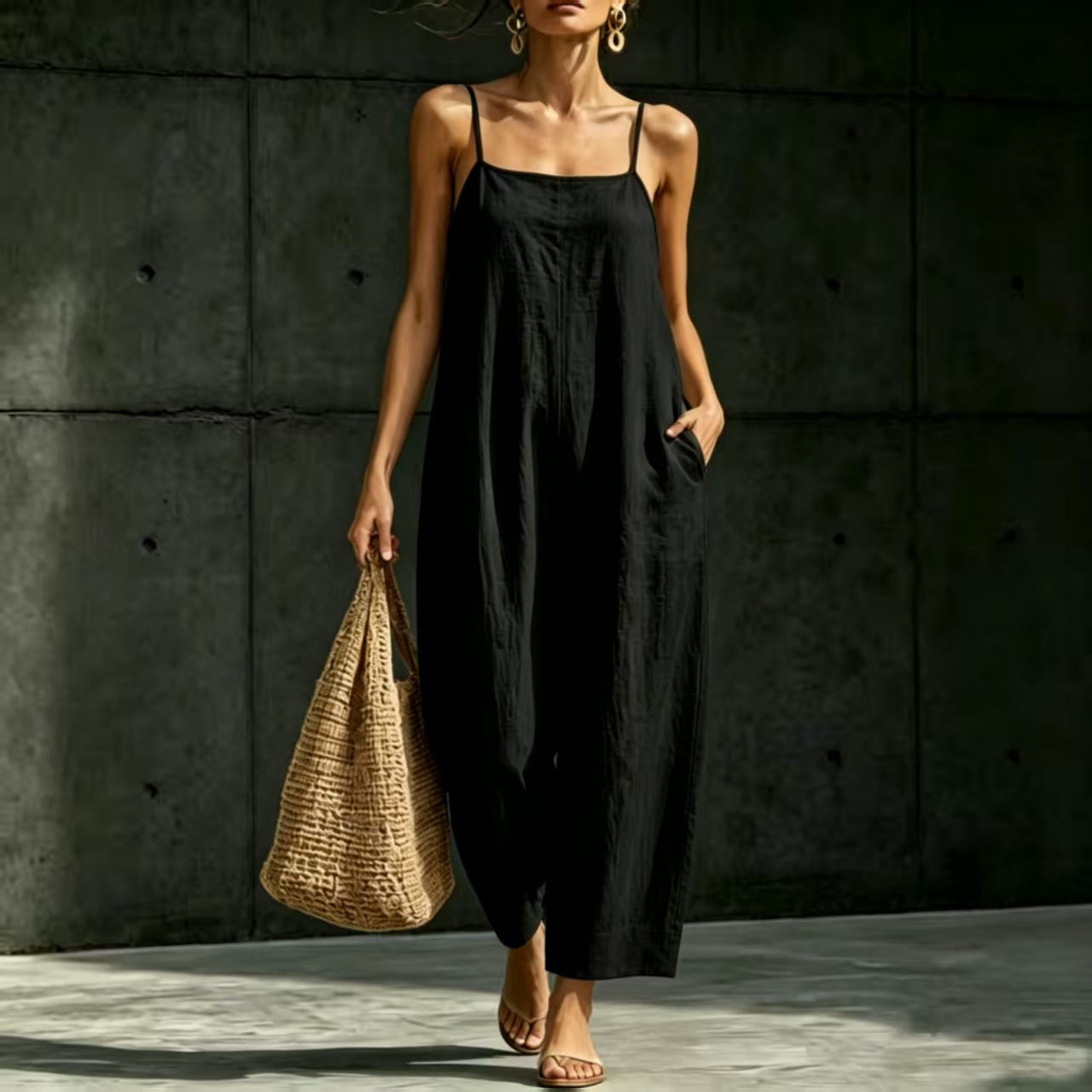 Springsummer Strap Jumpsuit Loose-fit Simple And Elegant Sleeveless NorixaFashion.com