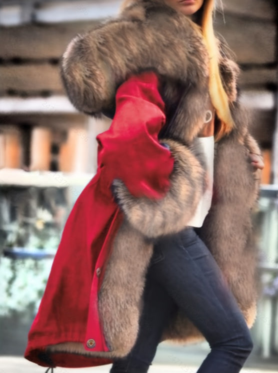 Long-sleeved Oversized Coat With A Fur Collar And Hood NorixaFashion.com