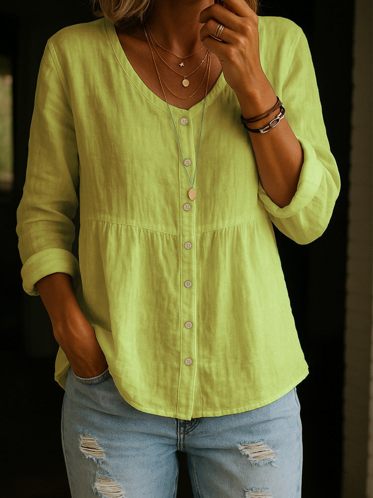 Casual Loose Fashion Cotton And Linen Long Sleeve V-neck Buttons Shirt NorixaFashion.com