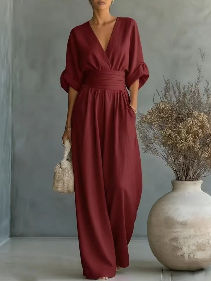 Elegant Waist-cinching V-neck Slimming Chic Jumpsuit For Women NorixaFashion.com