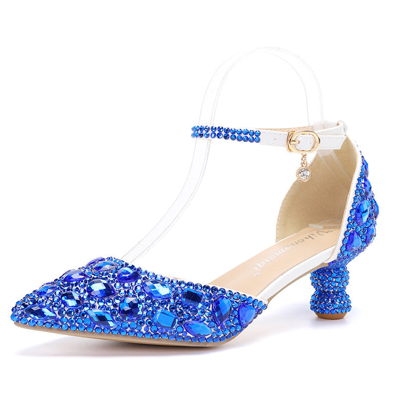 Low-top Summer New Blue Color Pointed Gourd Heel Rhinestone Multi-color Fashion Wedding Banquet Women's Shoes LuxuryLifeWay Online Store