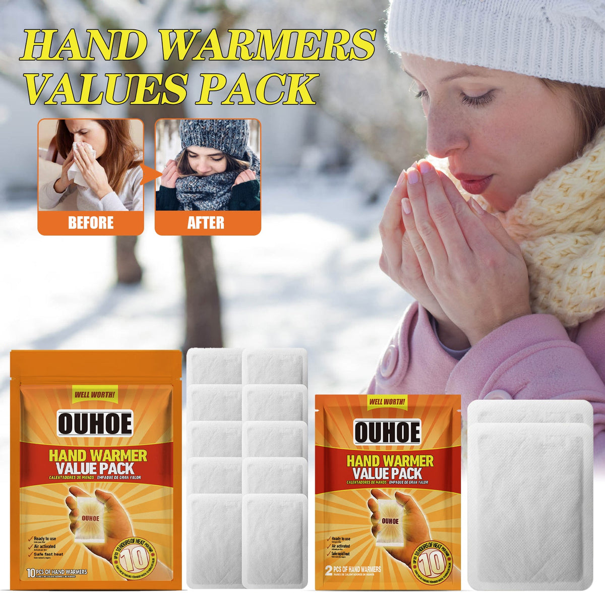 One-time Hand Warmers, 2 Pieces Per Bag. The Bag Measures 12x15 Cm. The Hand Warmers Are 9x11.8 Cm. Tri Light Beauty