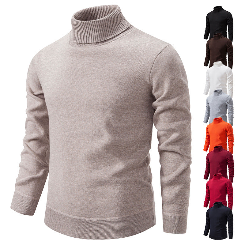 Men's Turtleneck Pullover Sweater Fashion Solid Color Fleece Lined Knitted Long-sleeved Top Clothing LadyShow.Store